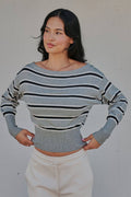 Striped Boat Neck Dolman Sleeve Knit Top