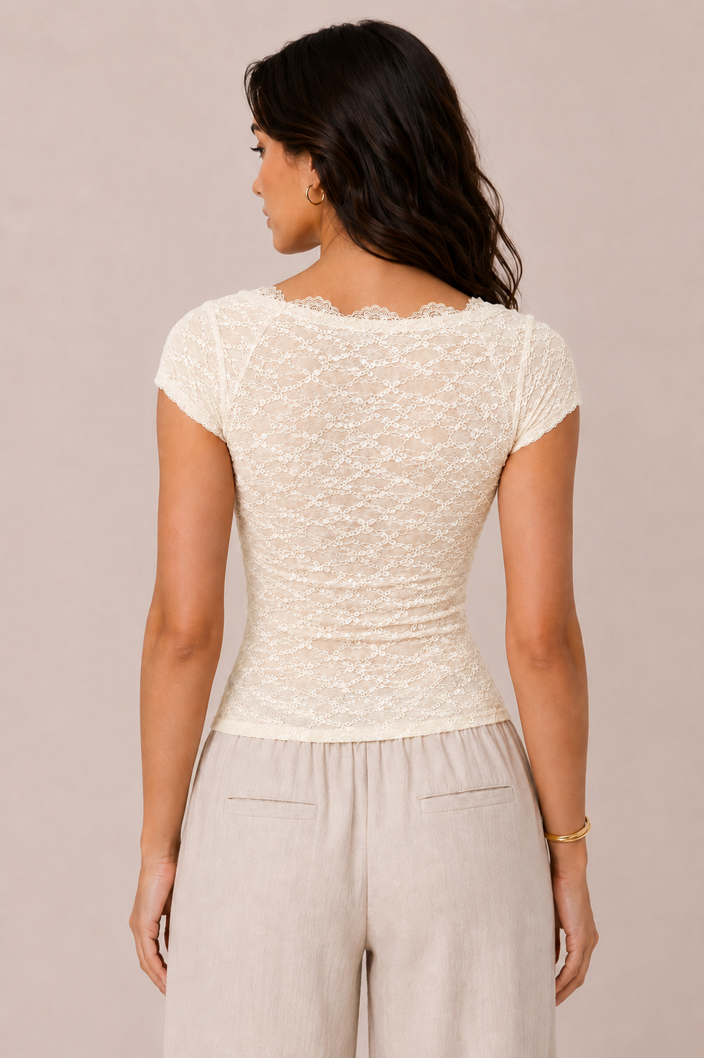 Scoop Neck Lace Henley Top: Ecru Cream
