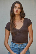Jacquard Pattern Seamless V-Neck Top: Coffee Bean