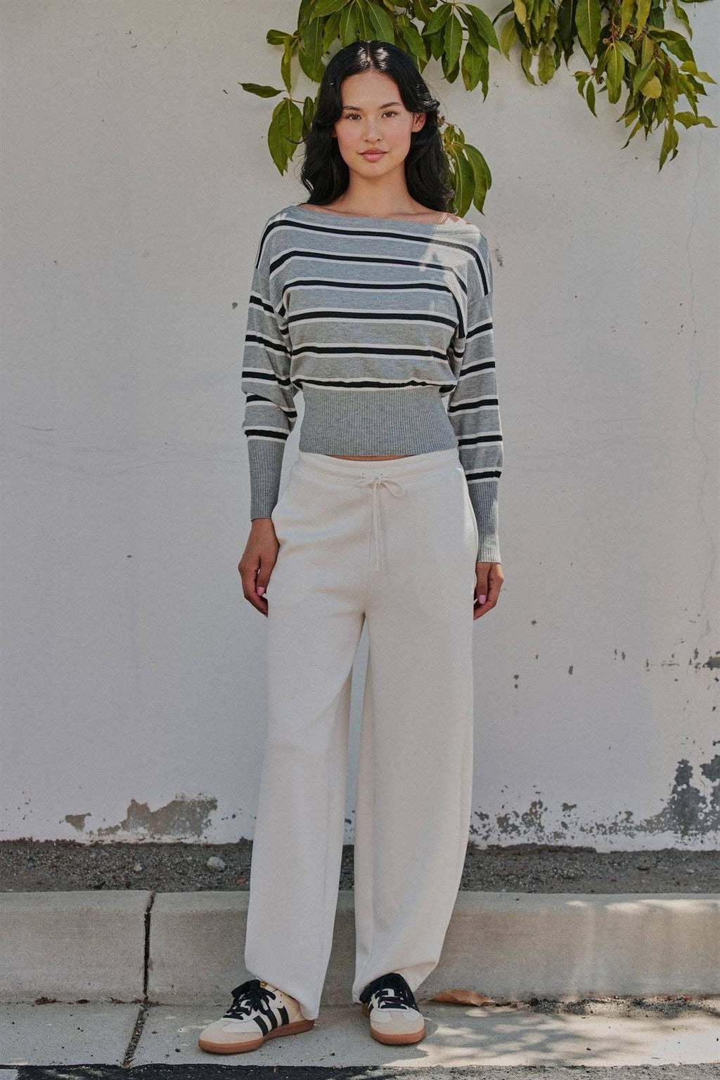 Striped Boat Neck Dolman Sleeve Knit Top