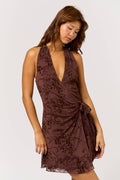 Halter Wrap Mini Dress in Brown