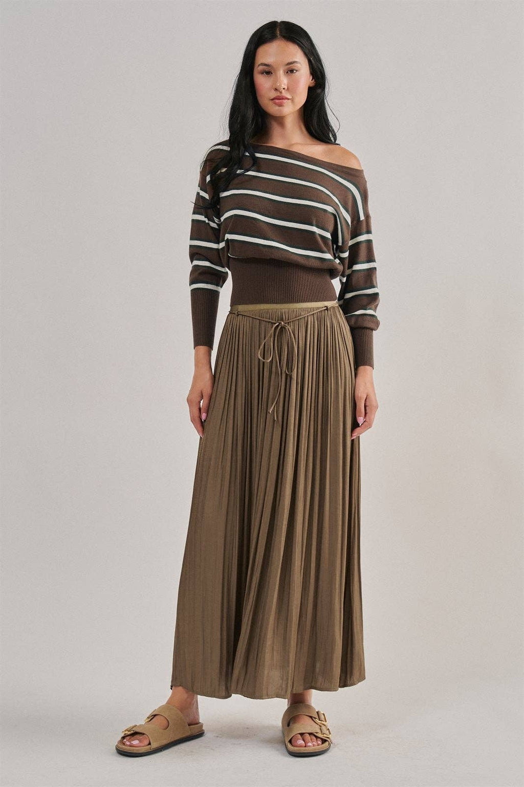 Striped Boat Neck Dolman Sleeve Knit Top