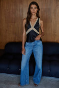 Satin Contrast Lace Trim Detail Sleeveless Top