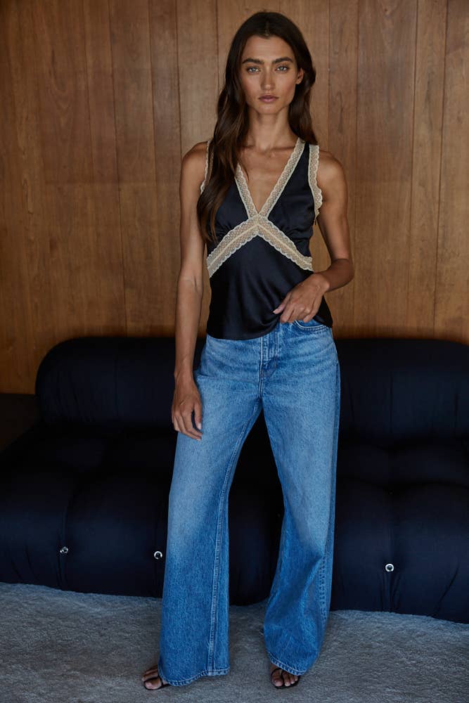 Satin Contrast Lace Trim Detail Sleeveless Top