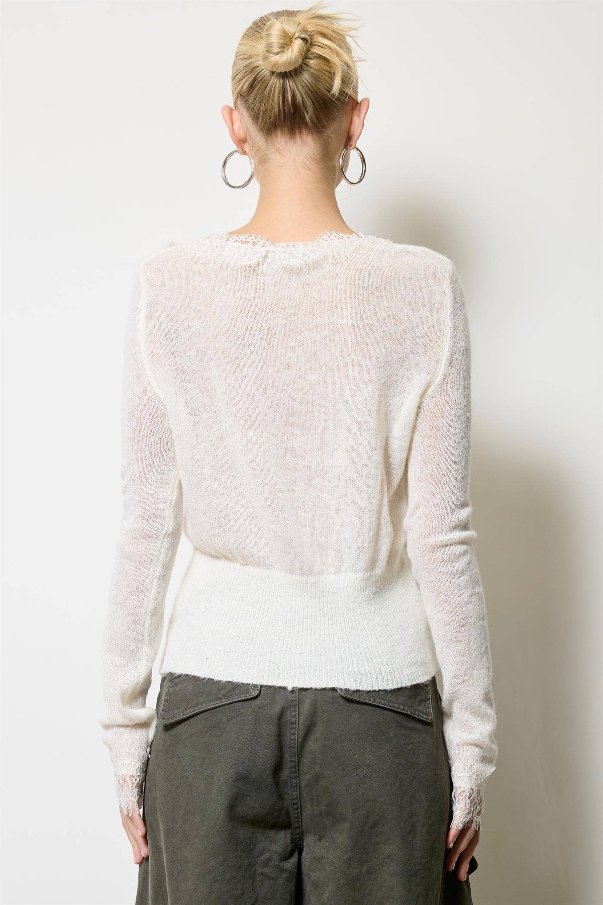Open-Pack Lace Trim V Neck Knit Cardigan