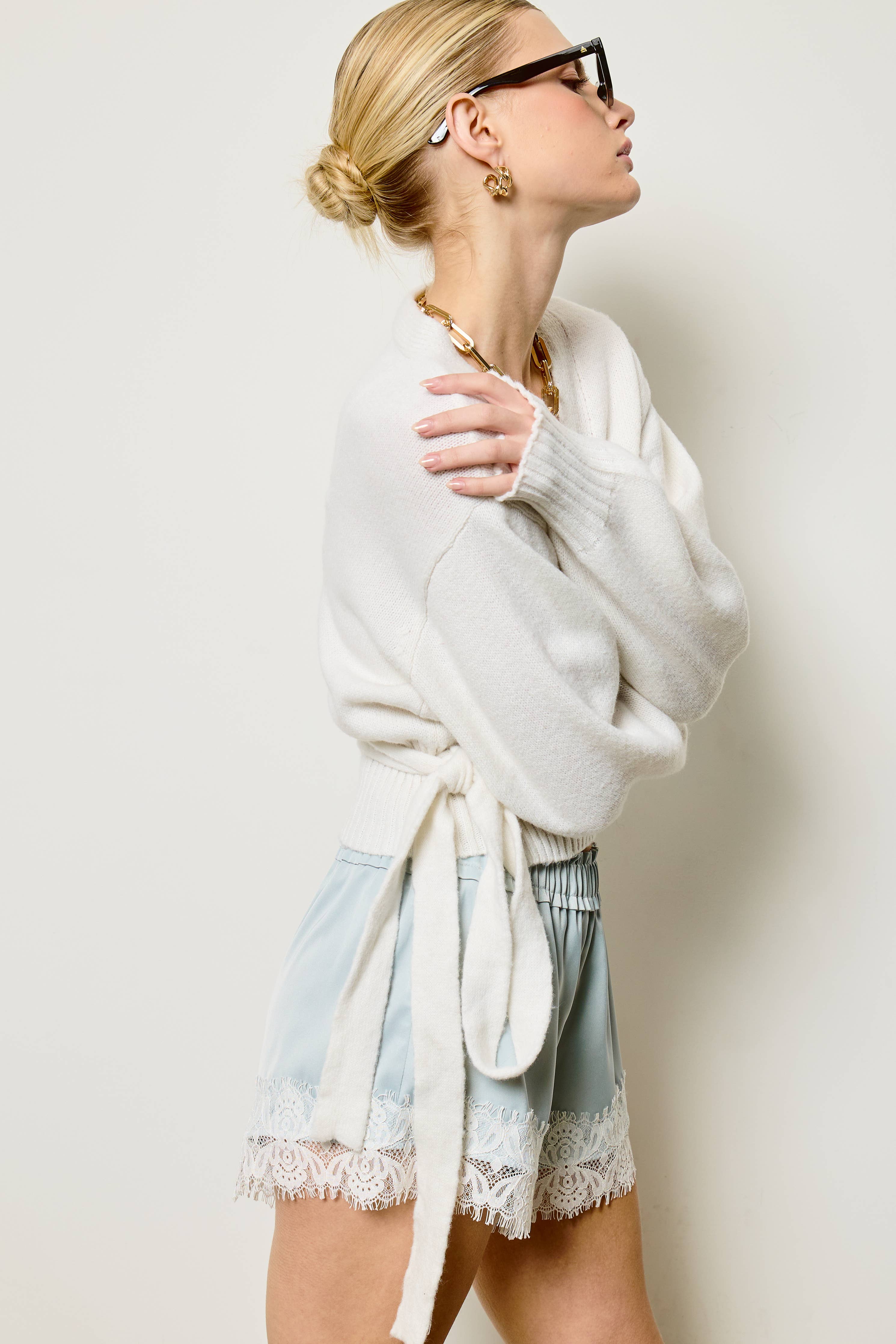 Wrap Tie Knit Sweater: Heather Grey