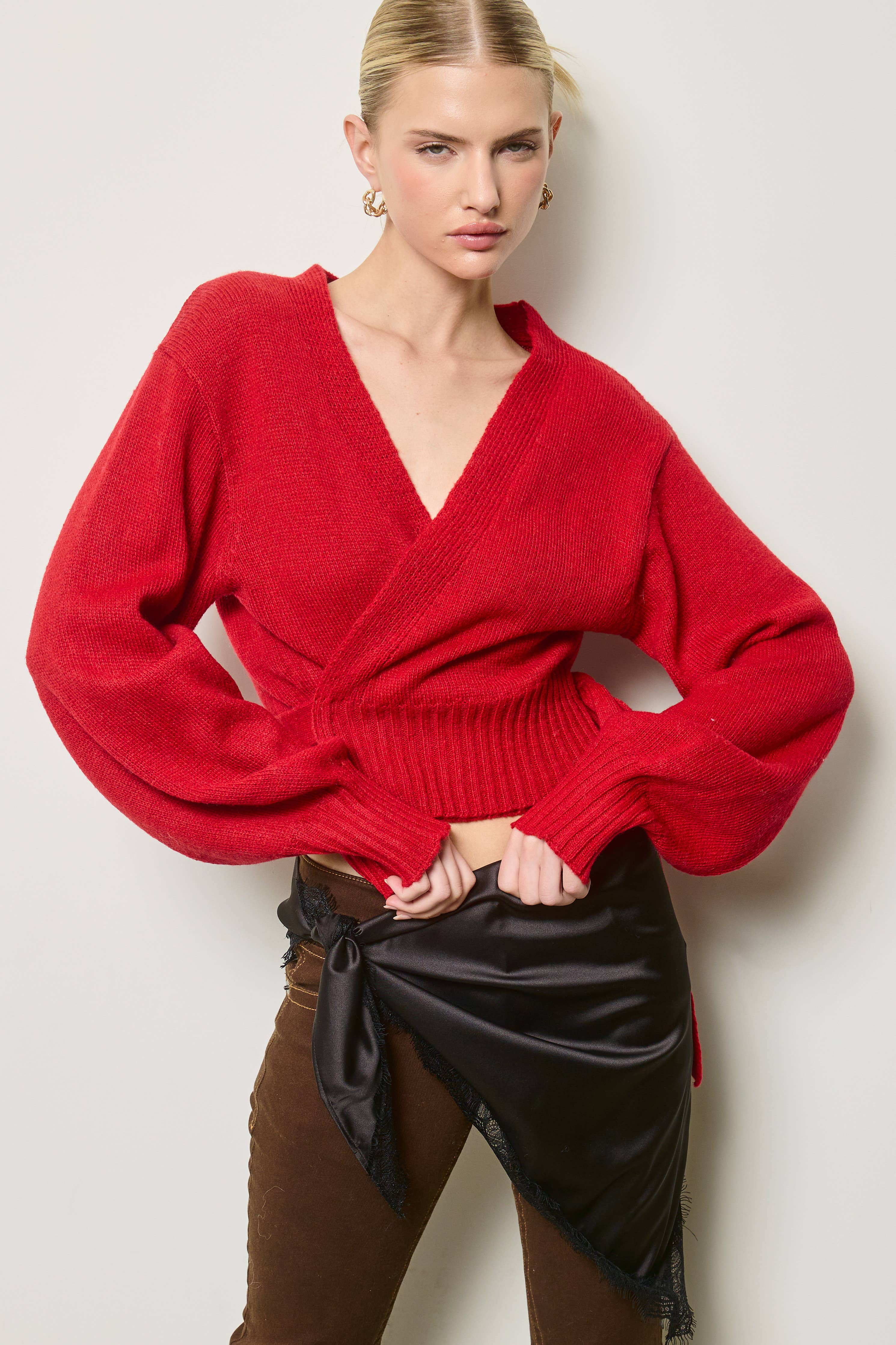 Wrap Tie Knit Sweater: Heather Grey