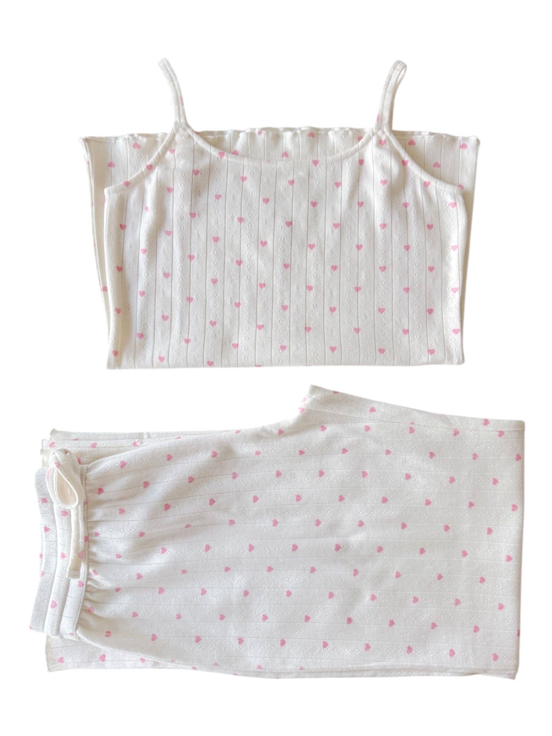 White with Pink Heart / Organic Pointelle Women's Cami Lounge Set