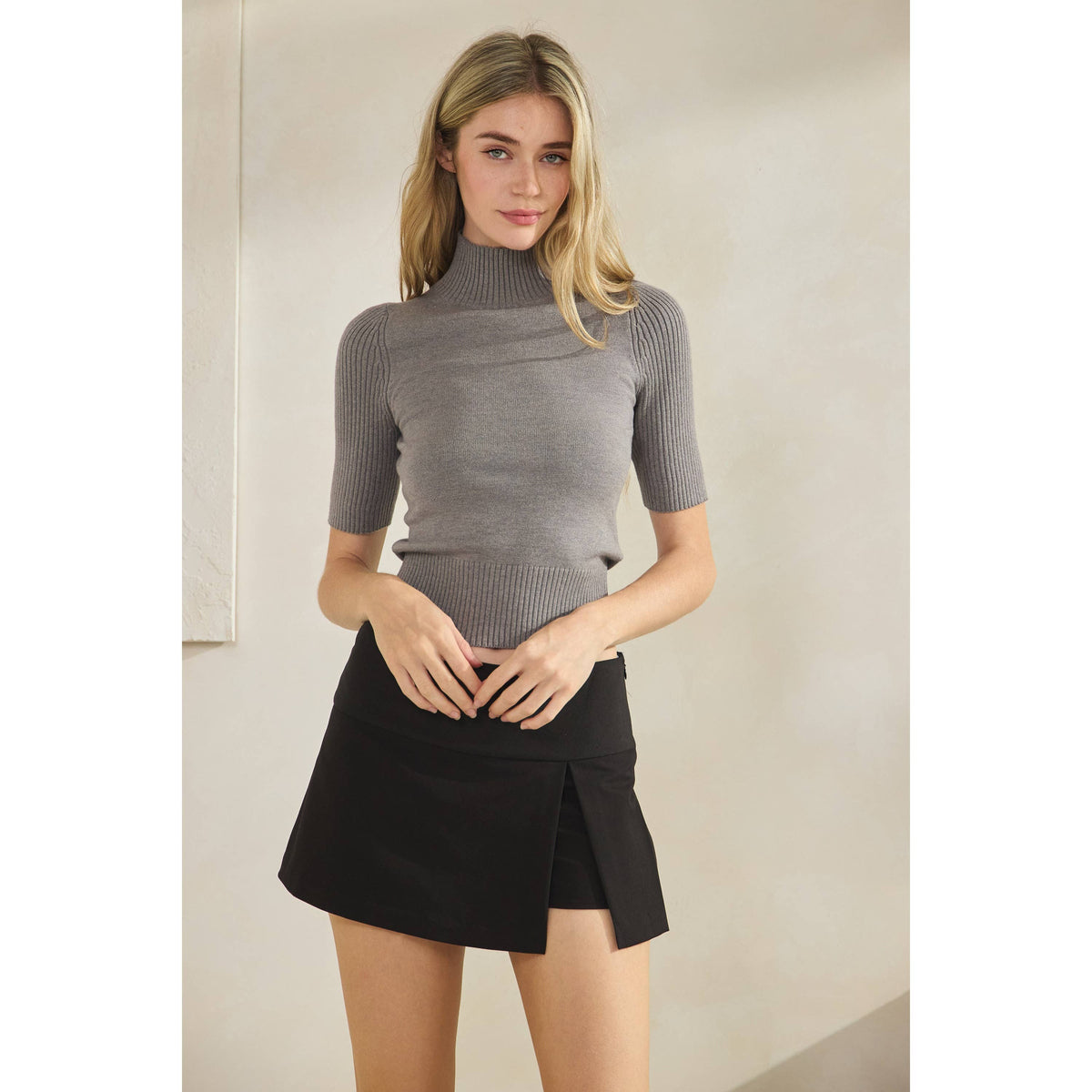 Short Sleeve Mock Neck Sweater Top