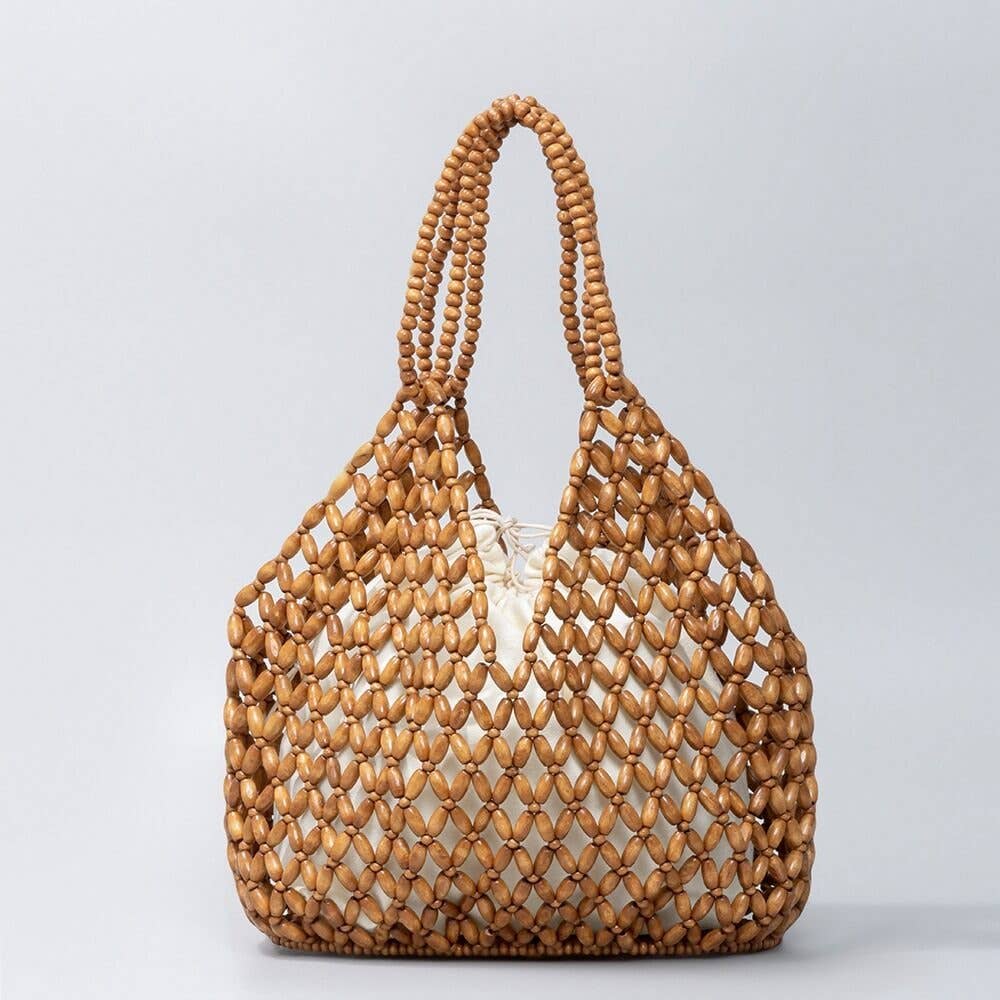 Handmade Wooden Beads Bag: Brown