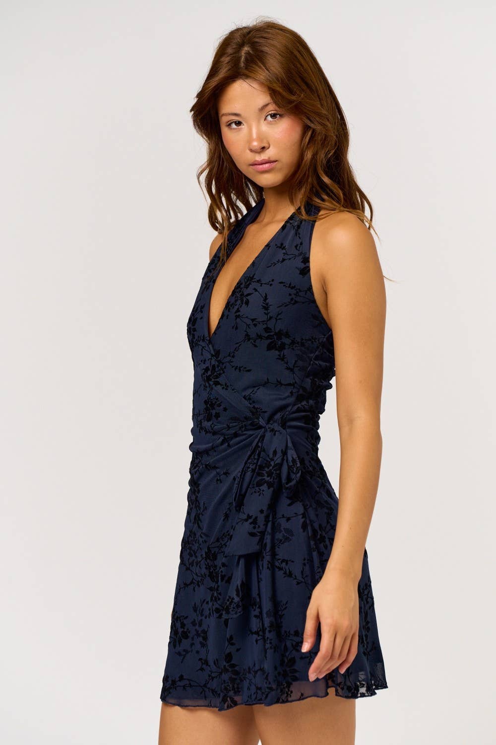 Halter Wrap Mini Dress in Brown