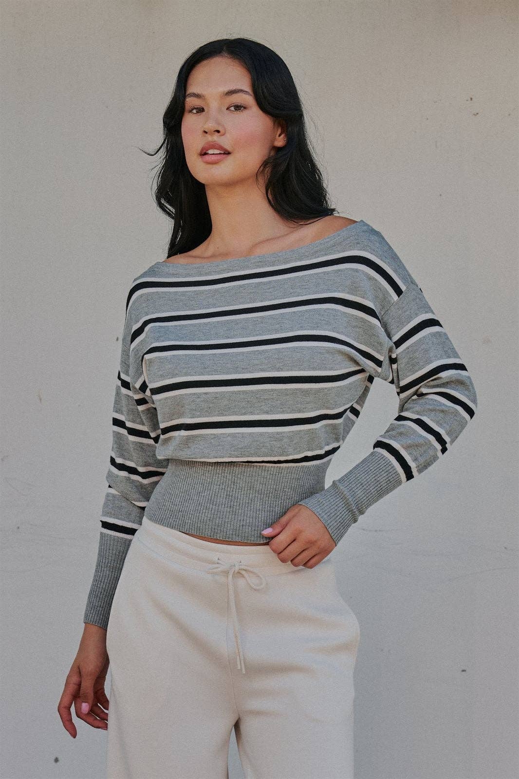Striped Boat Neck Dolman Sleeve Knit Top