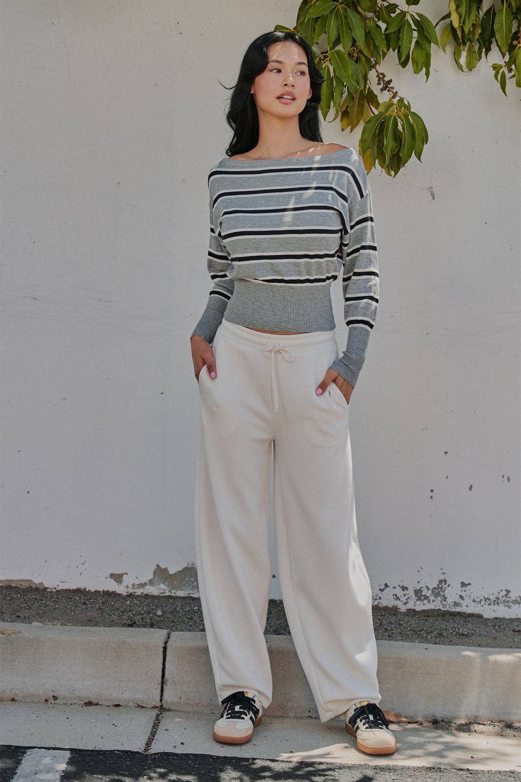 Striped Boat Neck Dolman Sleeve Knit Top