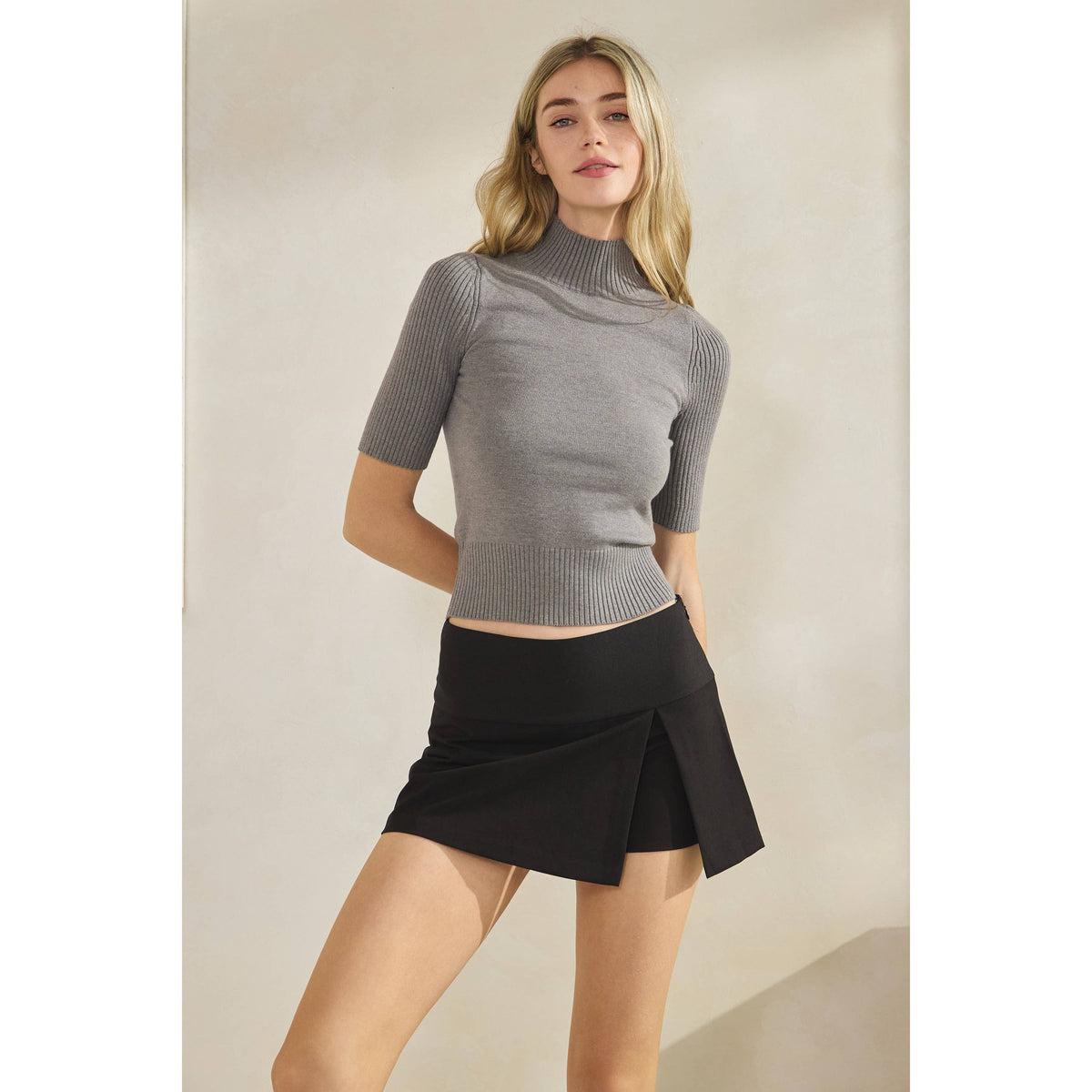 Short Sleeve Mock Neck Sweater Top