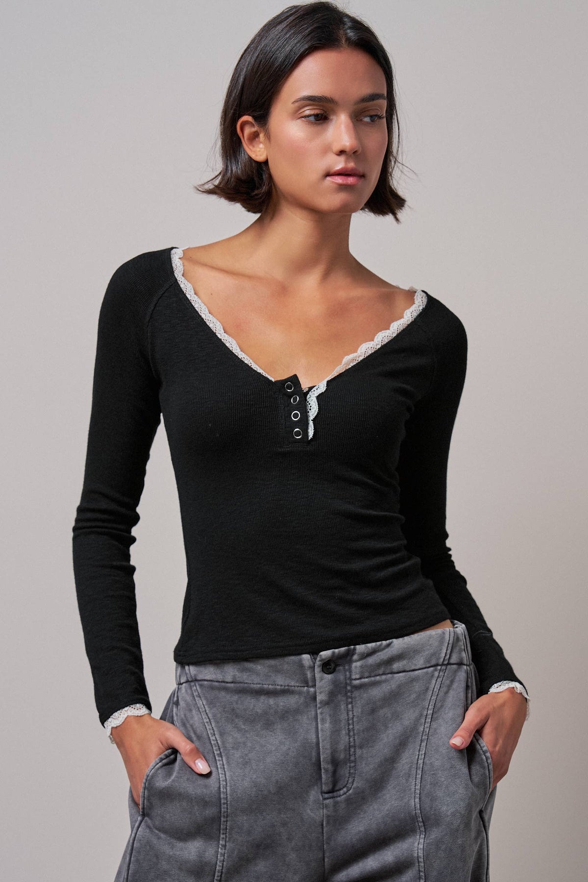 Lace Trim Slub Knit Henley Long Sleeve Top