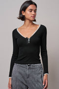 Lace Trim Slub Knit Henley Long Sleeve Top