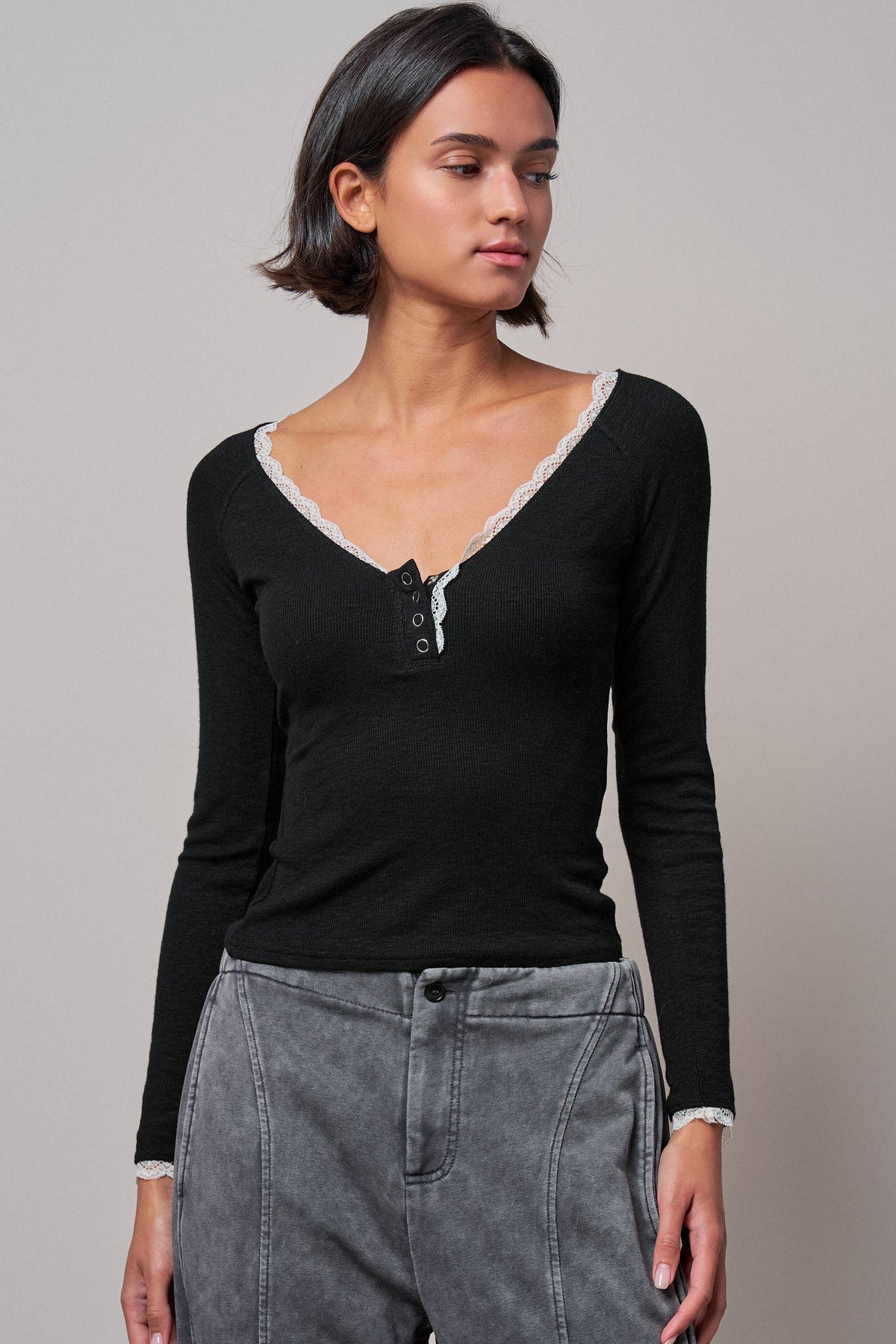 Lace Trim Slub Knit Henley Long Sleeve Top