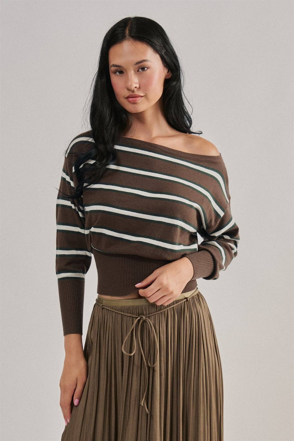 Striped Boat Neck Dolman Sleeve Knit Top