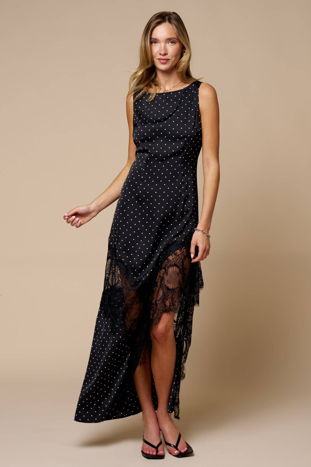 Lace Contrast Sating Polka Dot Maxi Dress