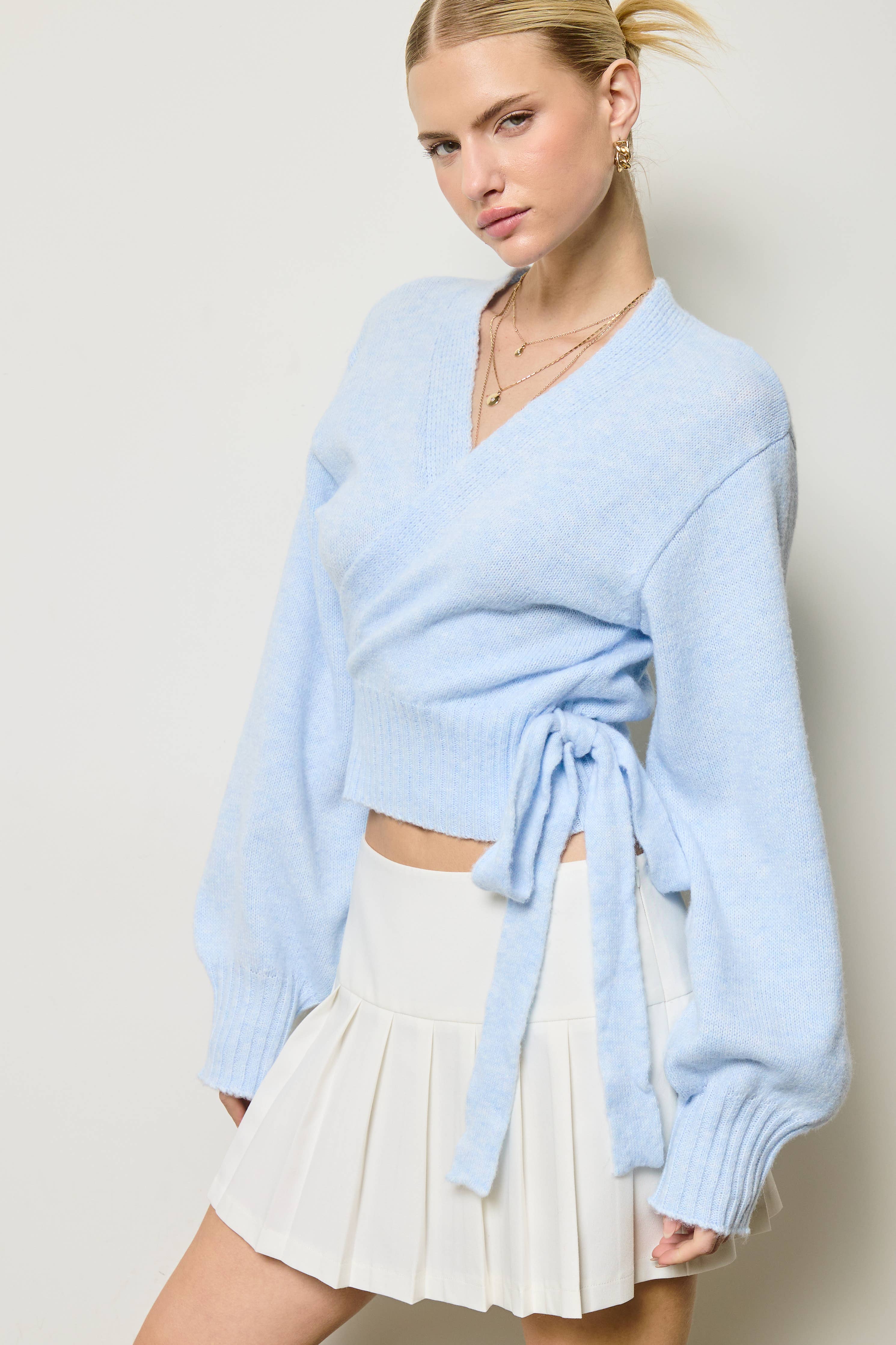 Wrap Tie Knit Sweater: Heather Grey