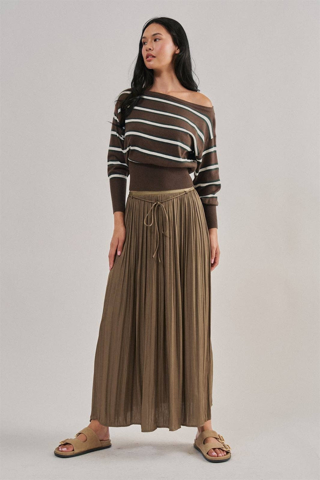 Striped Boat Neck Dolman Sleeve Knit Top