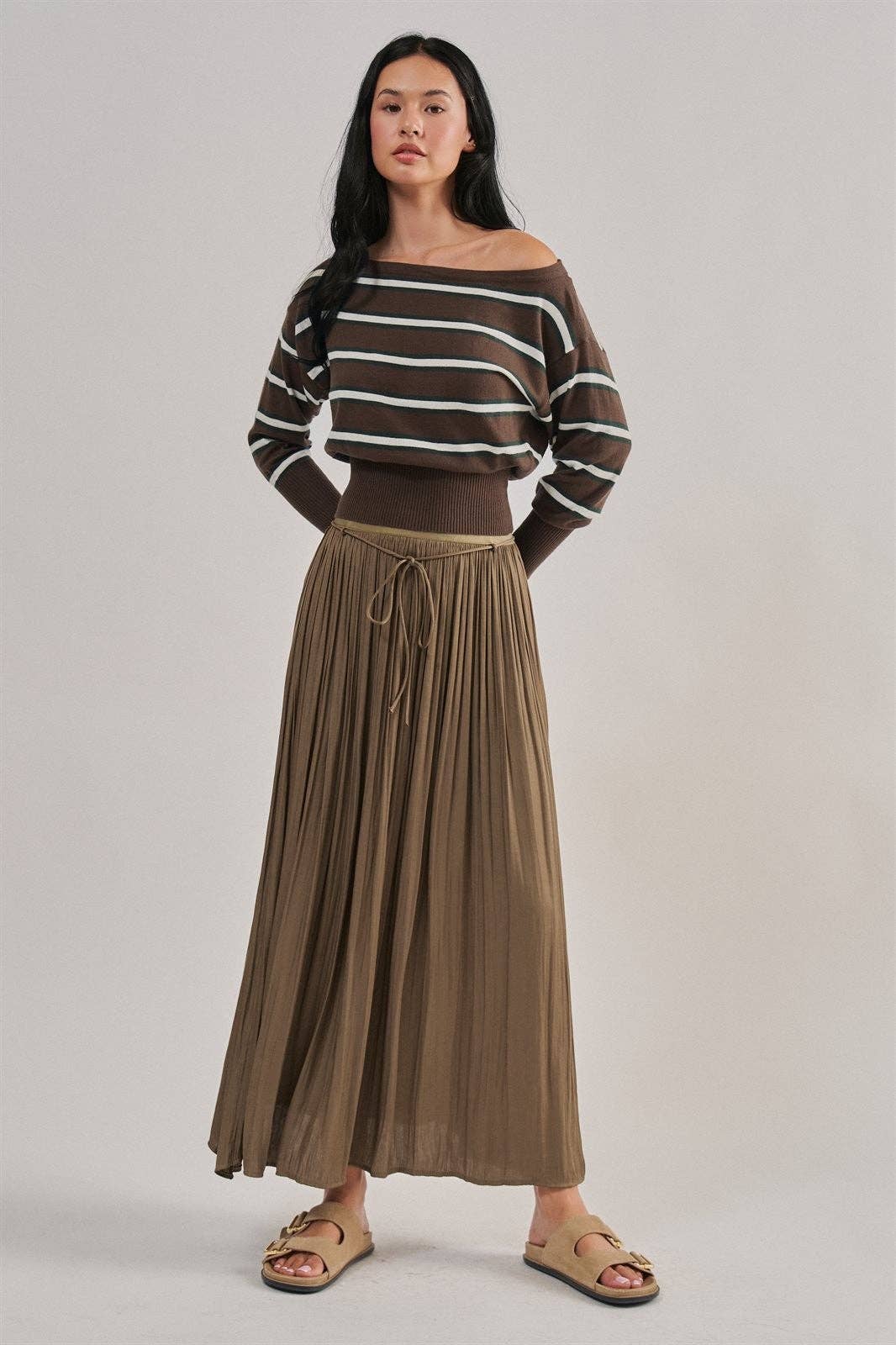 Striped Boat Neck Dolman Sleeve Knit Top