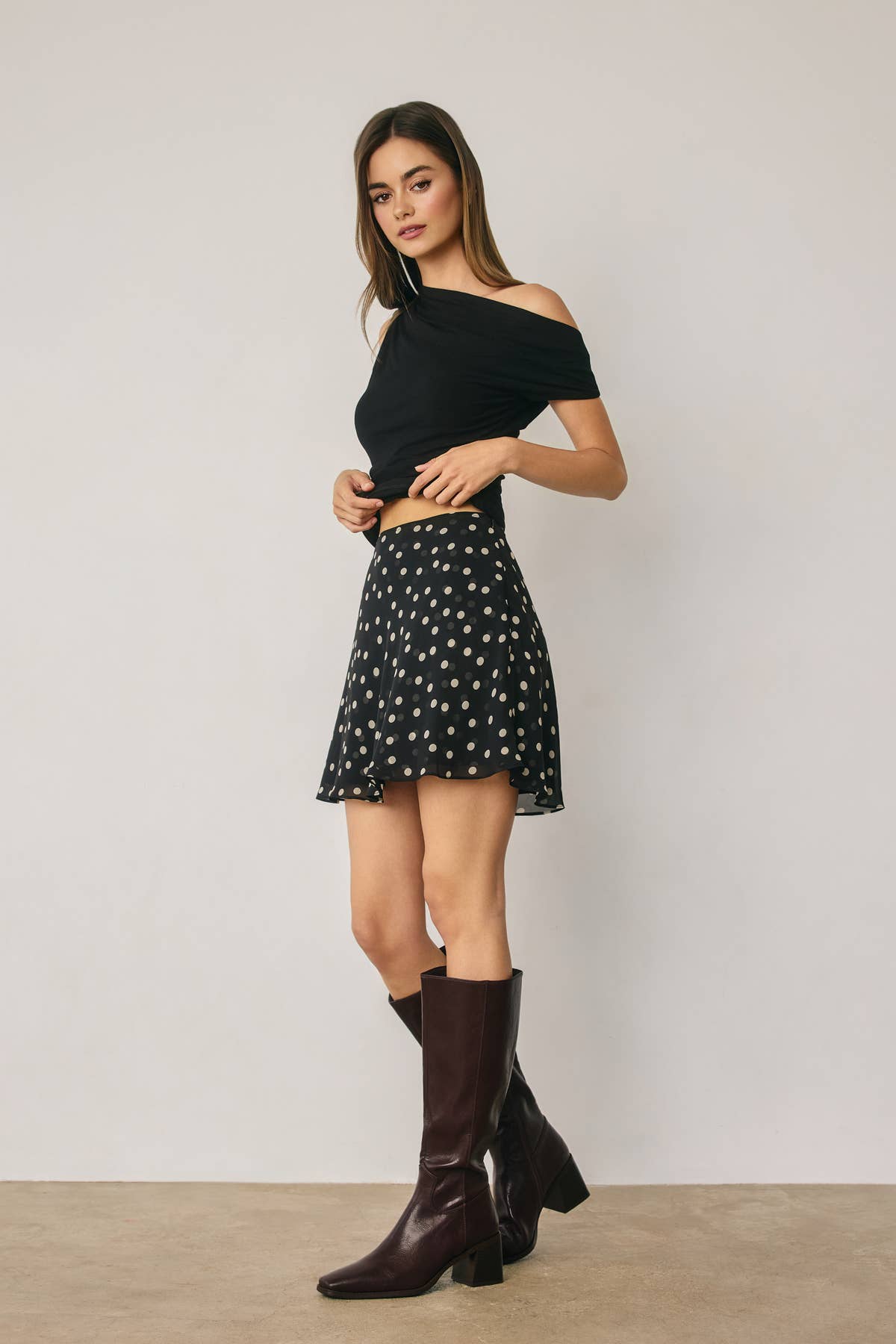 Polka Dot Bias Flared Mini Skirt