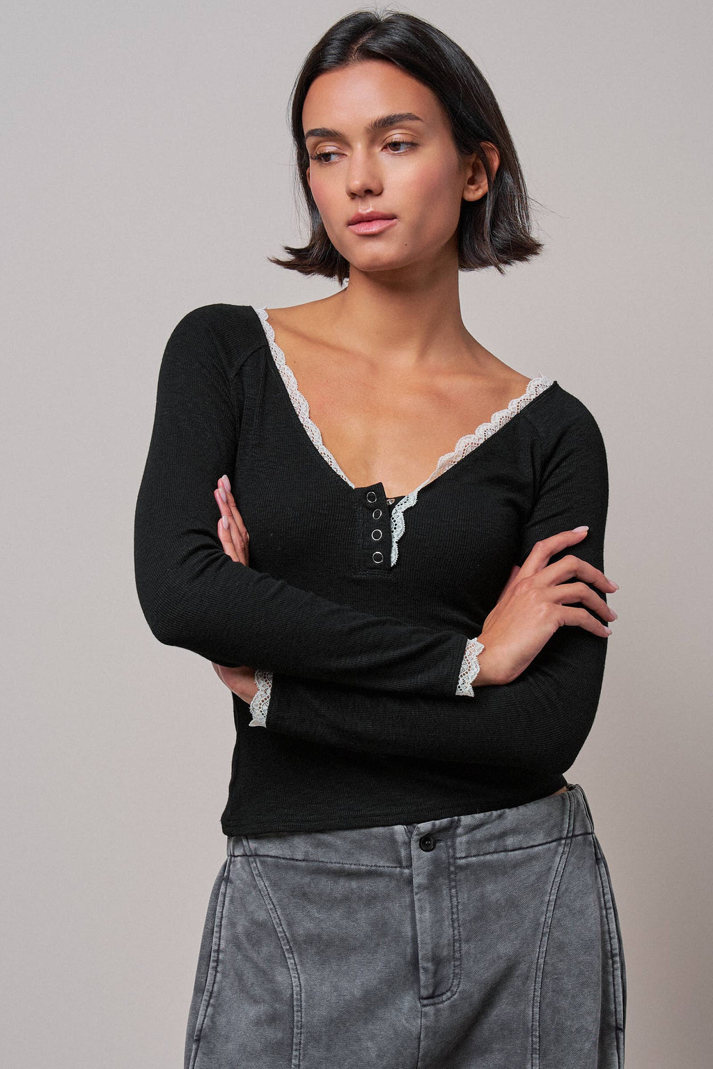 Lace Trim Slub Knit Henley Long Sleeve Top