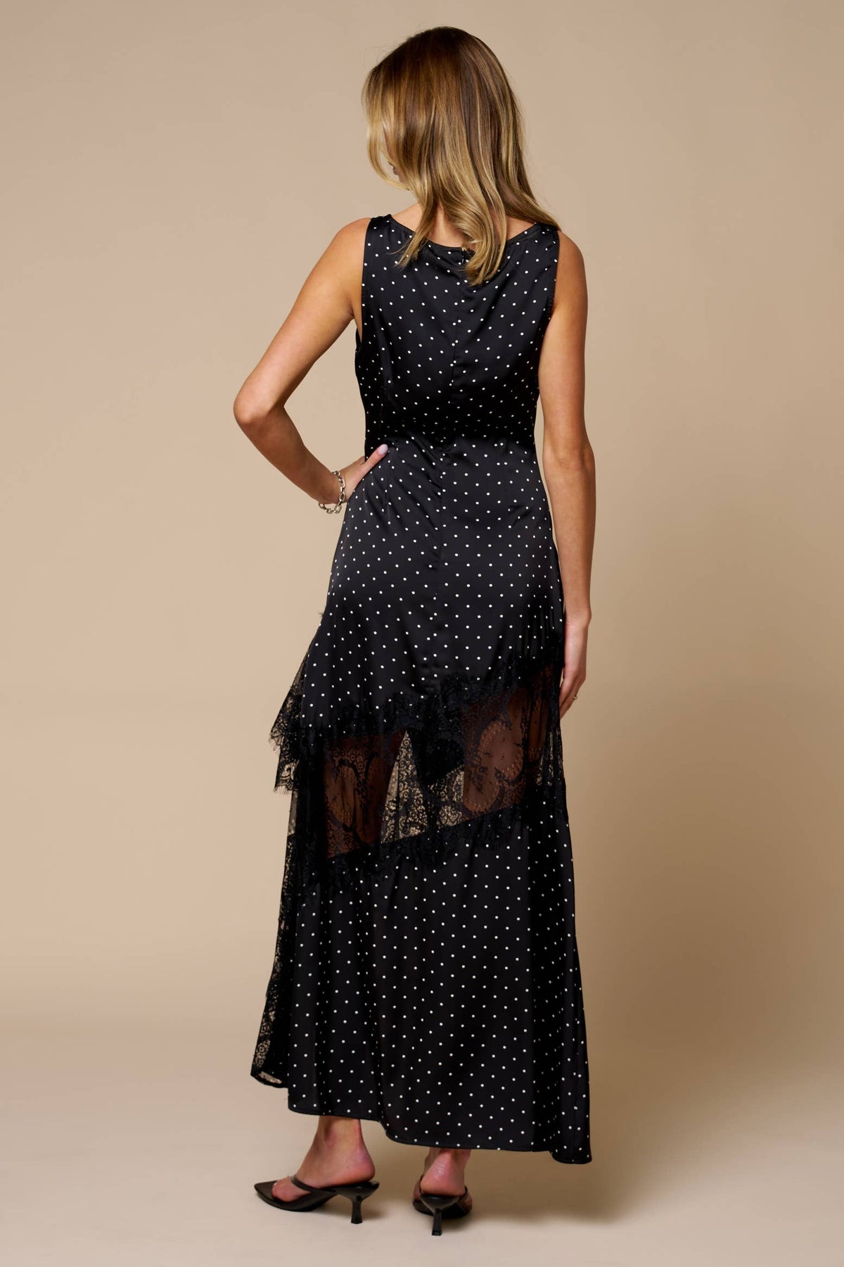Lace Contrast Sating Polka Dot Maxi Dress