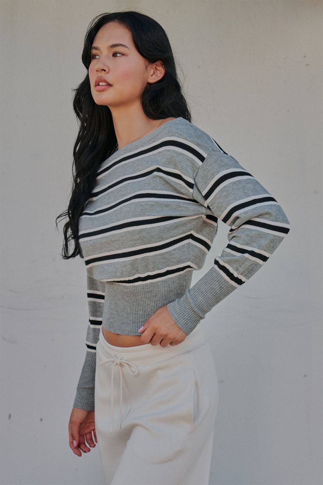 Striped Boat Neck Dolman Sleeve Knit Top