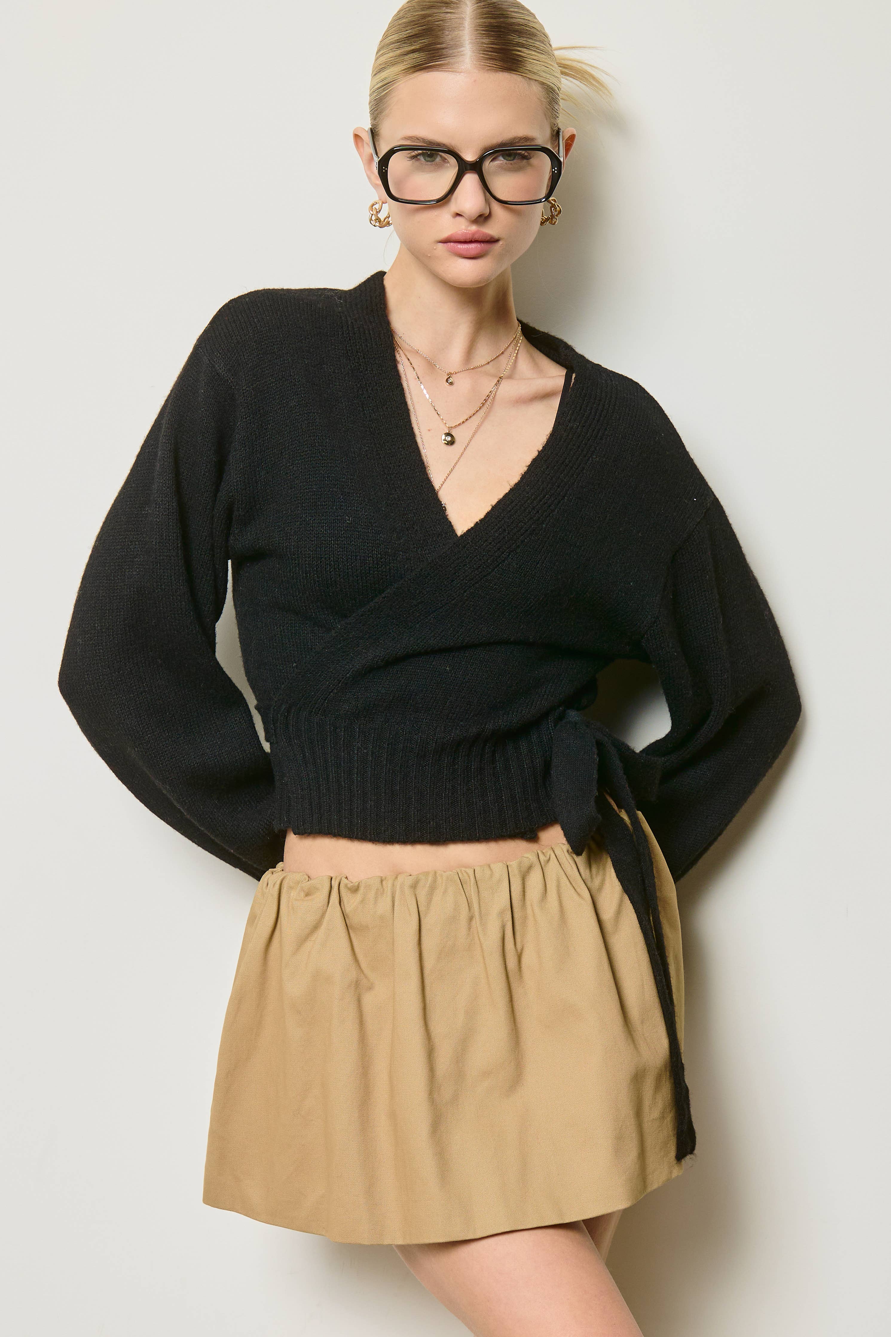 Wrap Tie Knit Sweater: Heather Grey