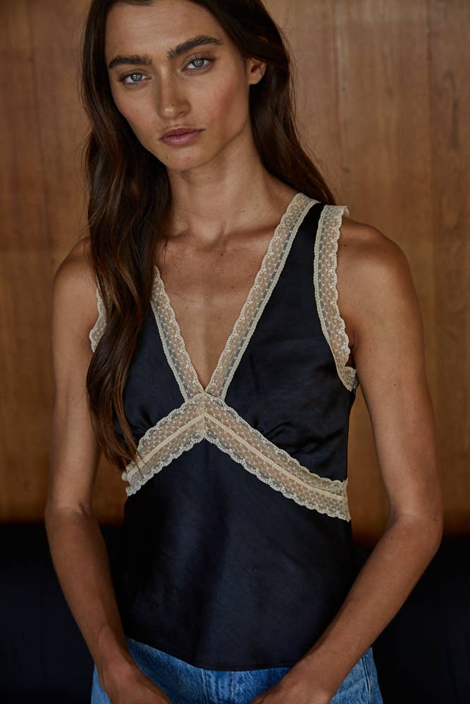 Satin Contrast Lace Trim Detail Sleeveless Top