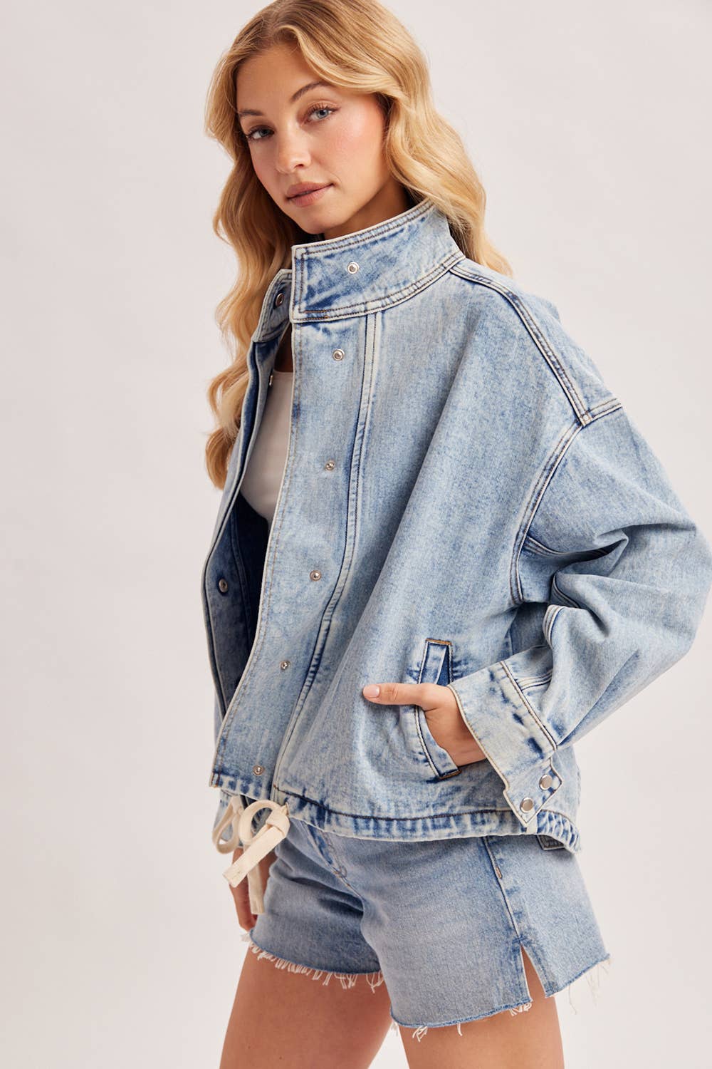 BOXY OVERSIZED FUNNEL NECK DENIM JACKET