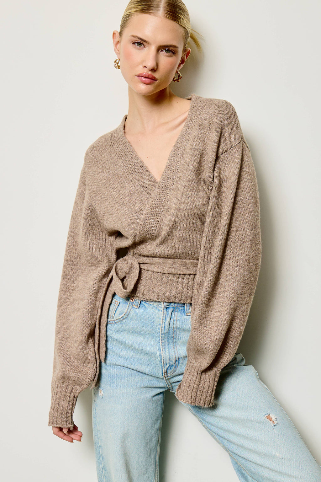 Wrap Tie Knit Sweater: Heather Grey