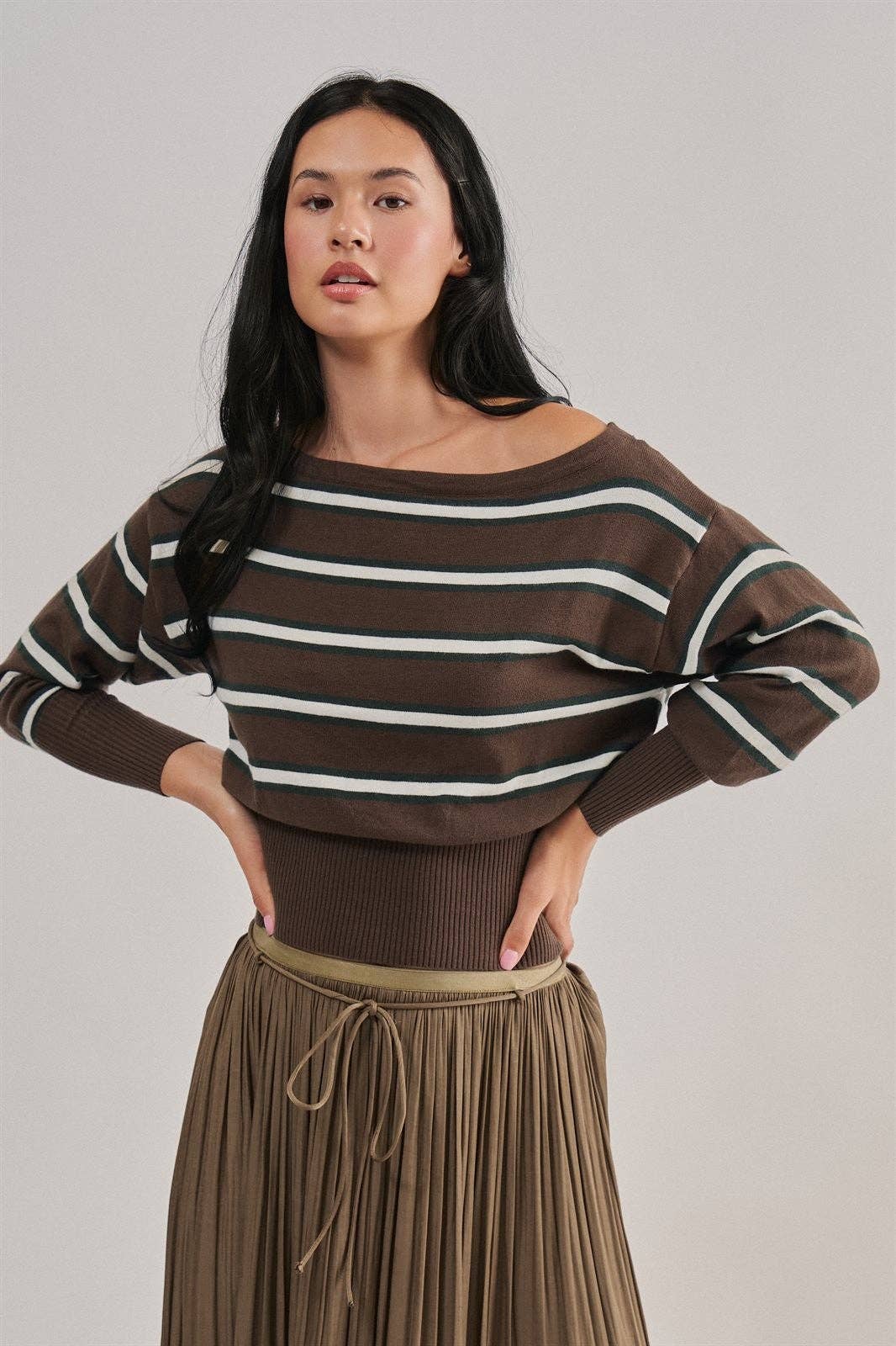 Striped Boat Neck Dolman Sleeve Knit Top