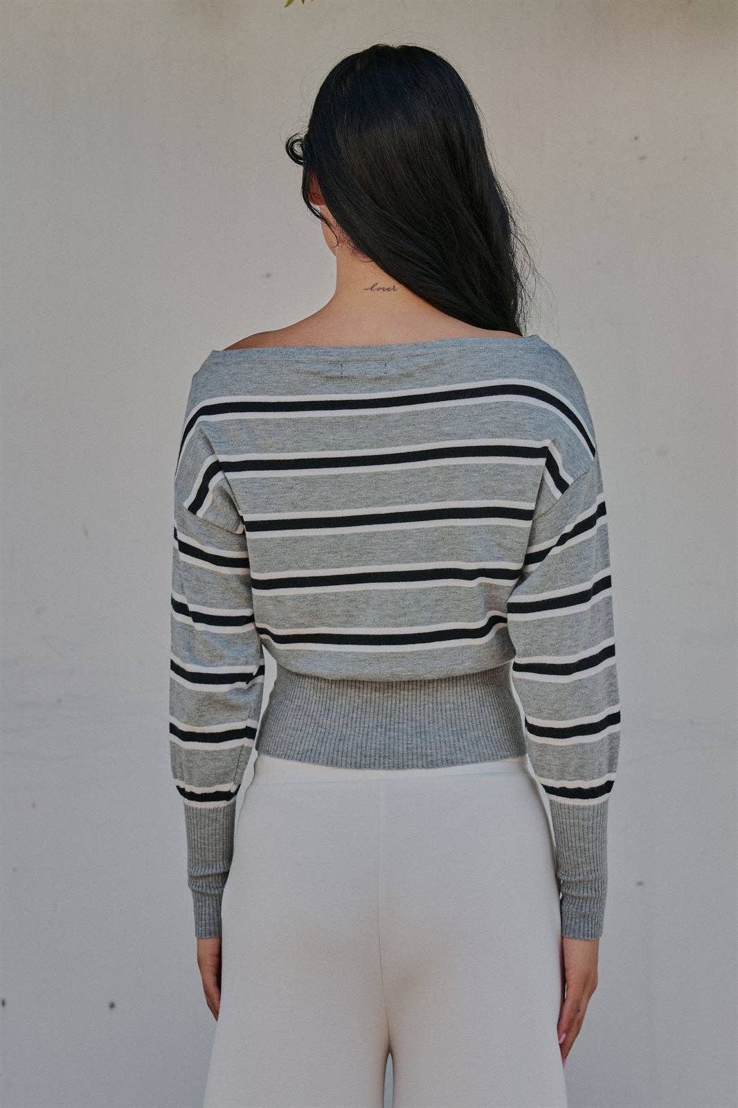 Striped Boat Neck Dolman Sleeve Knit Top