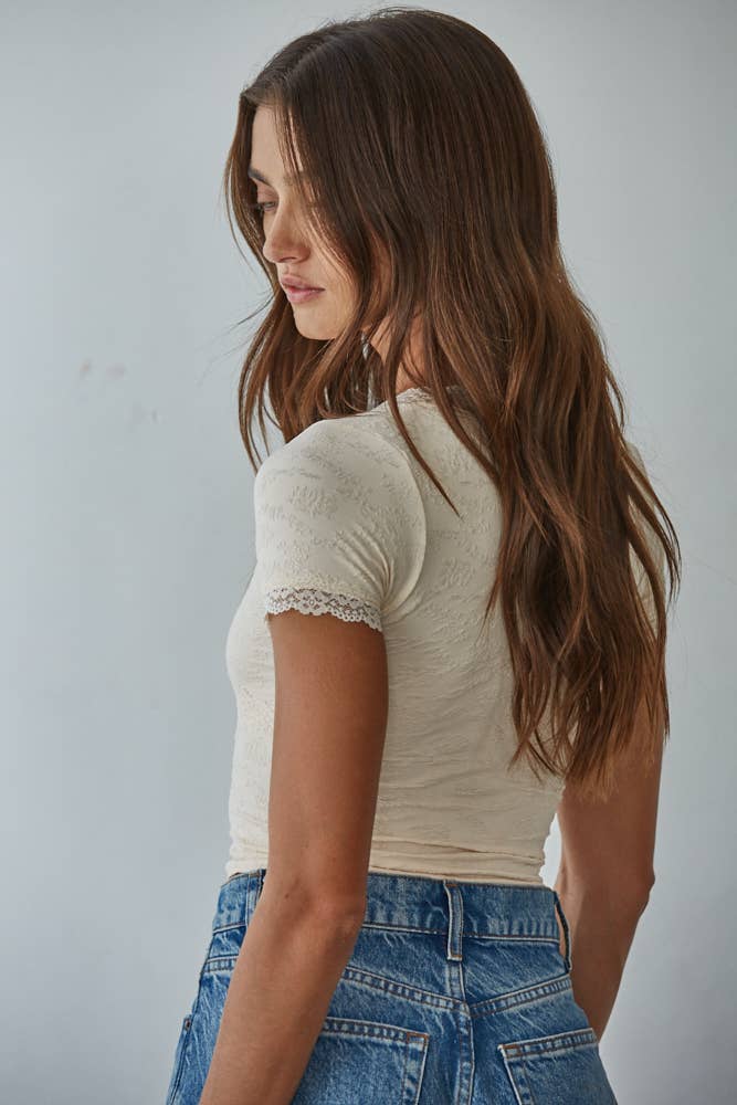 Jacquard Pattern Seamless V-Neck Top: Coffee Bean