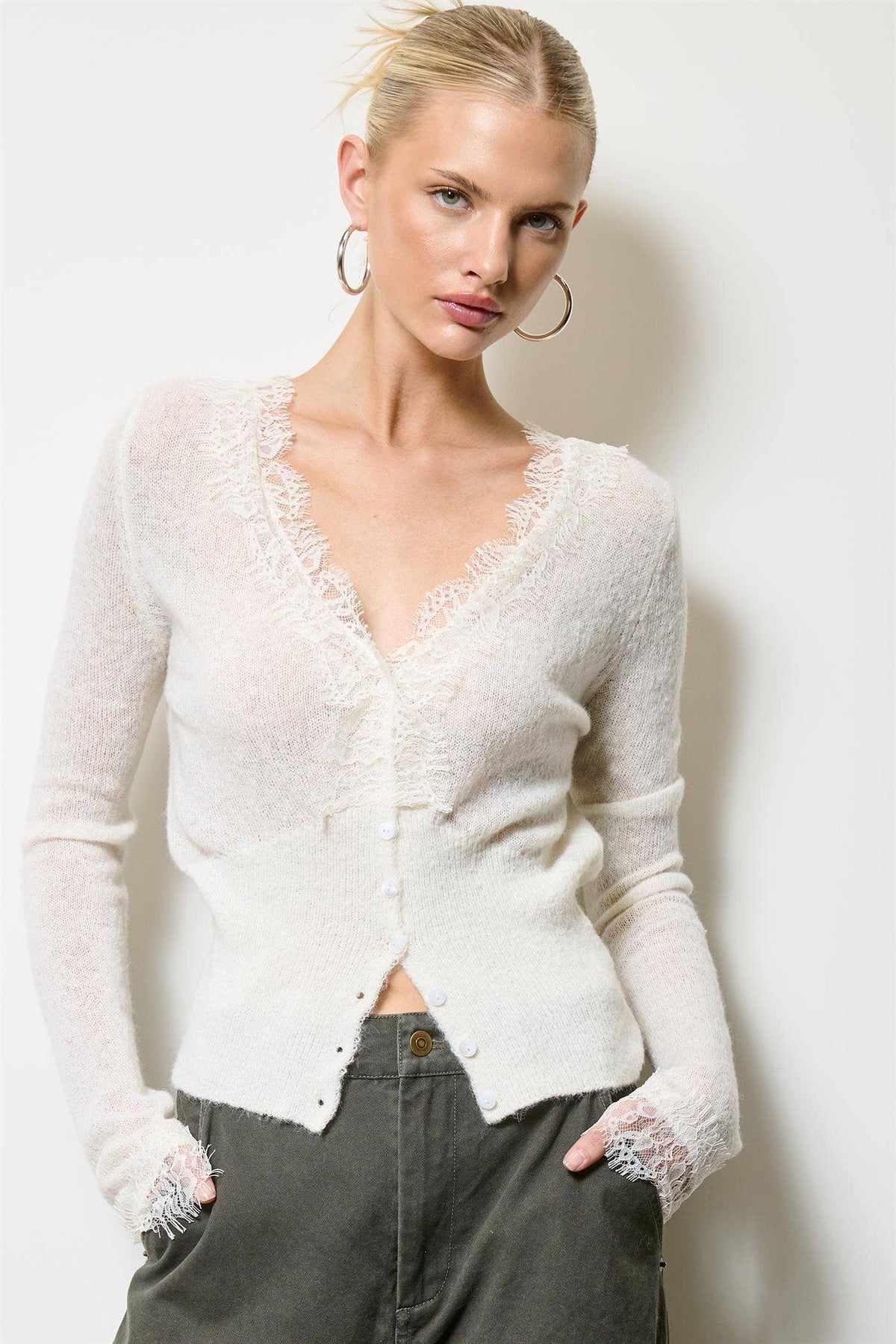 Open-Pack Lace Trim V Neck Knit Cardigan